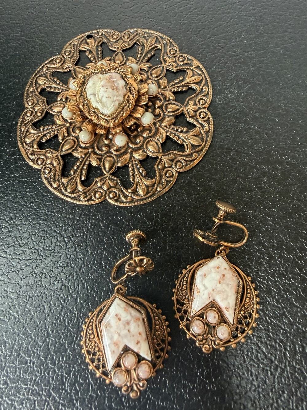 Vintage Copper Confetti Lucite Earrings & Large Necklace Pendant Cabochon